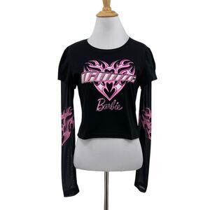 Barbie Top Womens L large Black Cropped Logo Mesh Long Sleeve Y2K Layered *READ